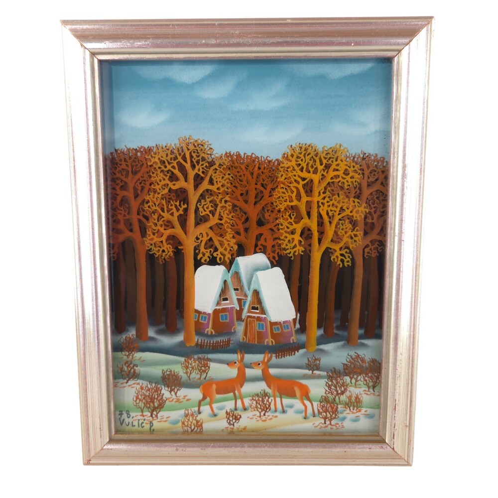 Vintage 70s P. Vulic Reverse Glass Painting Orange Winter Village Folk Art Rare